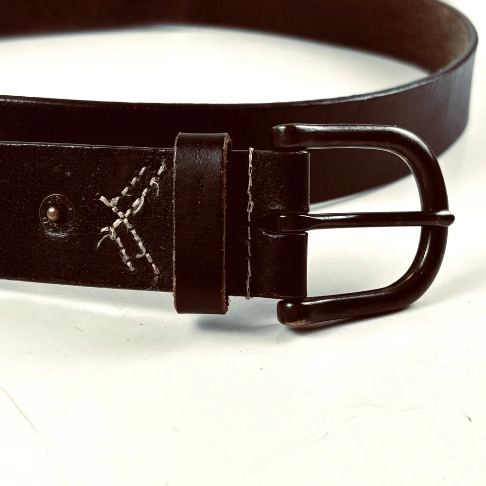 Levi's Leather Belt Mens 38 Dark Brown D-Ring Buckle‎ X-Stitch Detail Heritage